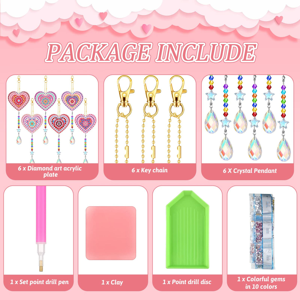 Perthlin 6 Pieces Pink Heart Diamond Art Kits Double Sided Heart Suncatchers Wind Chimes Diamond Art Ornaments for Craft Gifts Hanging Accessories Perthlin