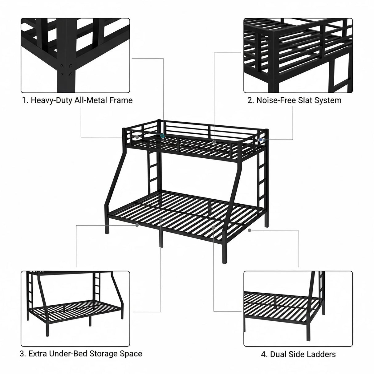 ICIUIOIR Twin XL Over Queen Bunk Bed Frame for Kids & Adults – Adult Metal Bunk Beds, Heavy Duty Frame, Literas para Niños, Camarotes, Bunk Bed with Stairs (No Box Spring Needed) (Black) ICIUIOIR