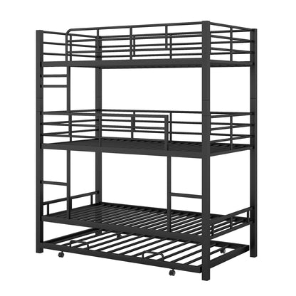 Harper & Bright Designs Metal Twin Size Triple Bunk Bed with Trundle for 4, Bunk Beds with 2 Ladders & Guardrails, Convertible to 3 Separate Beds for Kids Teens, Space-Saving, Black