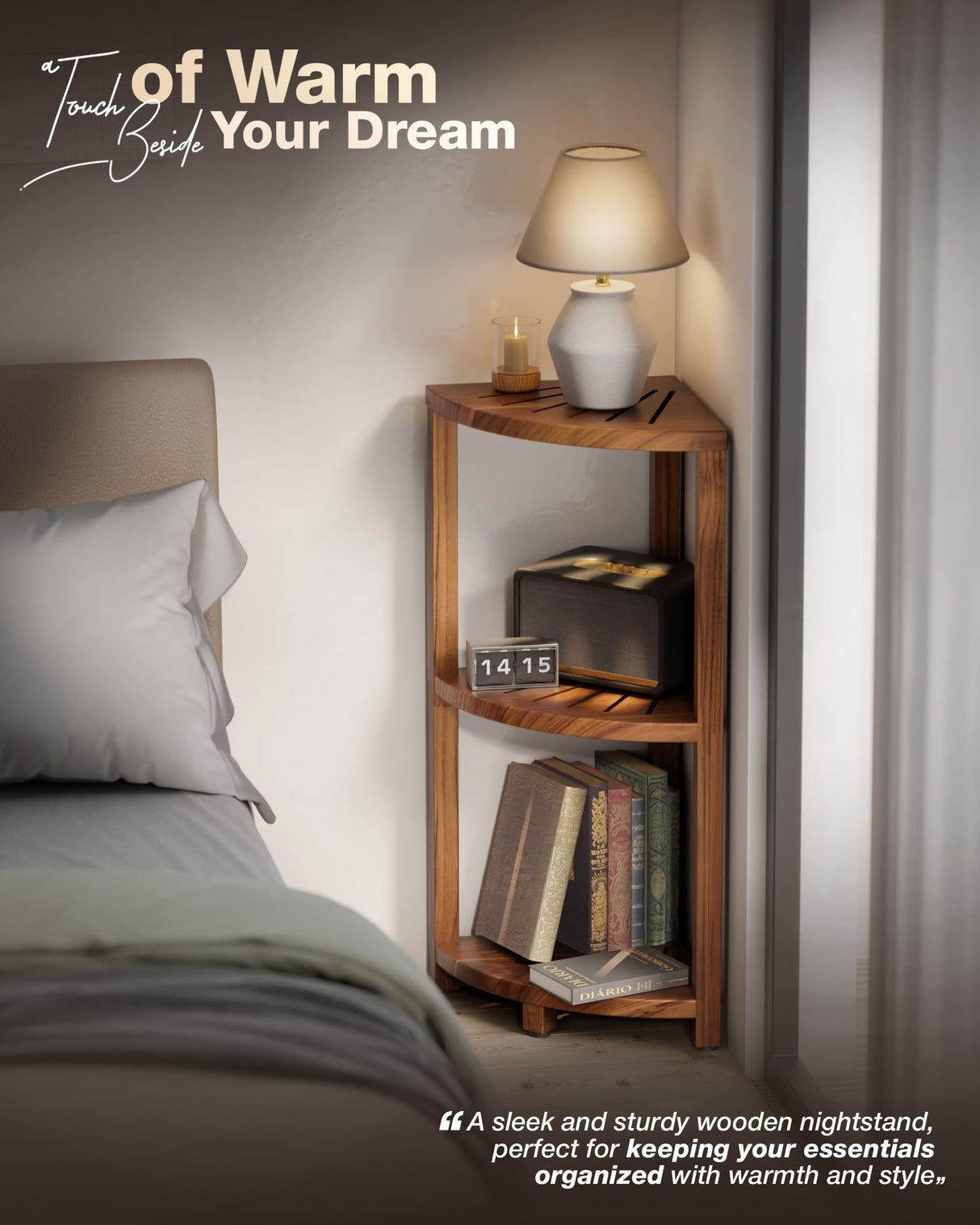 BLUEWEST 3-Tier Corner Shower Caddy Stand, Wood Shower Organizer Standing with Anti-Slip Feet, Waterproof & Durable Bathroom Corner Shelf, Space-Saving Design Storage for Kitchen or Living Room BLUEWEST