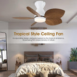 Kviflon 30 Inch Ceiling Fans with Lights, Indoor Outdoor Tropical Ceiling Fan with Remote/APP Control, Flush Mount Palm Leaf Ceiling Fan Light for Bedroom, 6 Speeds, Dimmable - Wood Grain Kviflon