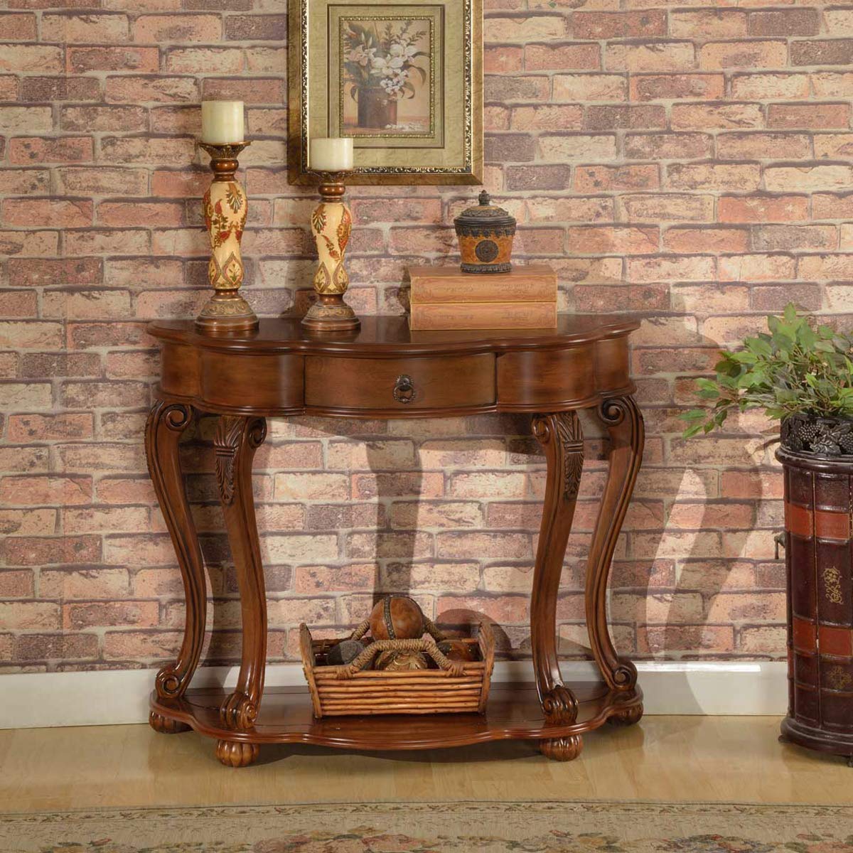 All Things Cedar Classic Accents HF024 Old World Entryway Table | Cherry Wood Console Table | Birch Veneer, Solid Wood Legs, Interior Drawer | Elegant Wooden Entry Table 35x15x30 All Things Cedar
