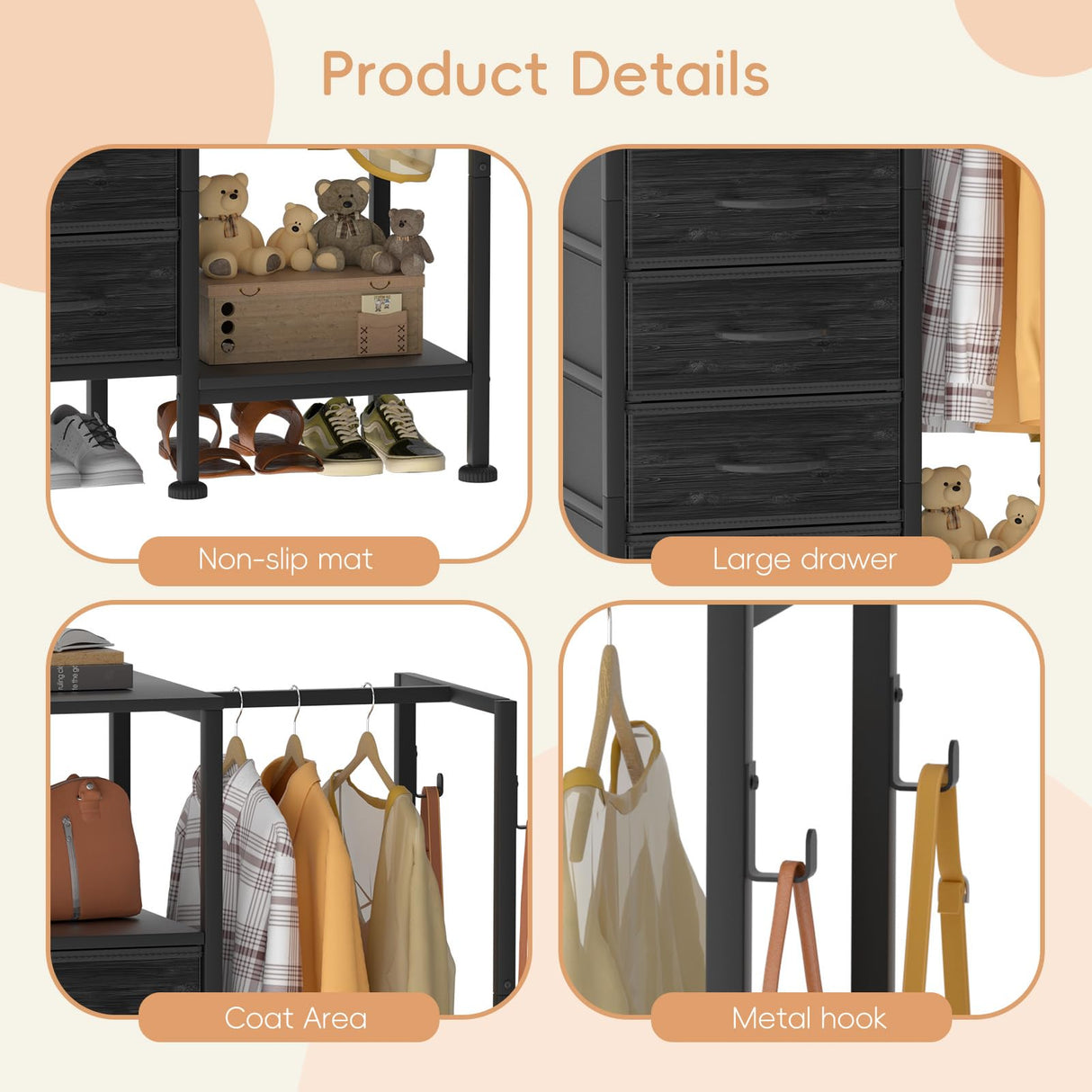 VERONLY Dresser with Hanging Rack, 4 Drawers Small Closet for Bedroom, Reversible Fabric Kids Chest of Drawers with Clothes Rack, Tall Storage Tower, Sturdy Frame, Black, 44''H VERONLY