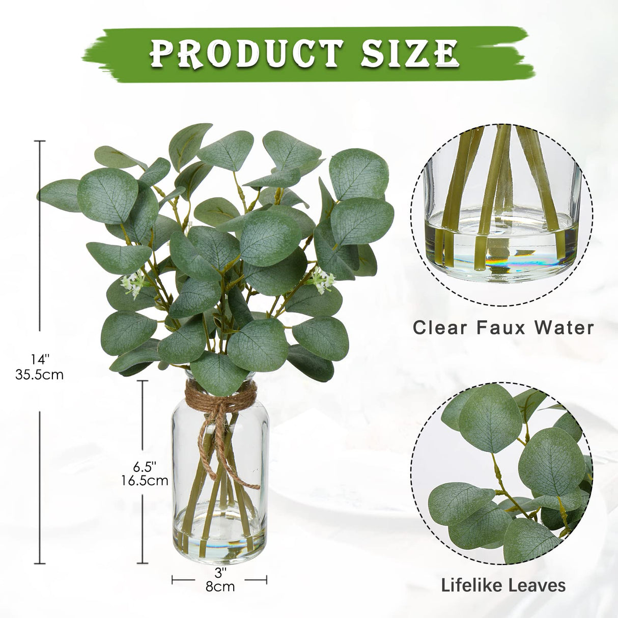 Briful Artificial Eucalyptus Stems in Glass Vase with Faux Water, 14" Fake Plant Eucalyptus Leaves for Home Bathroom Office Farmhouse Wedding Centerpiece Décor Briful