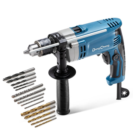 DongCheng Hammer Drill 6A,1/2 Inch Keyed Chuck, 0-3000 RPM/45000 BPM Impact Drill with 15PCS Drilling Bits for Concrete，Metal & Wood, DZJ05-13 Dong Cheng