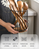 getstar Kitchen Utensil Holder, Large Wire Utensil Holder for Kitchen Counter (W6.2” x H7.5”) with Acacia Base getstar