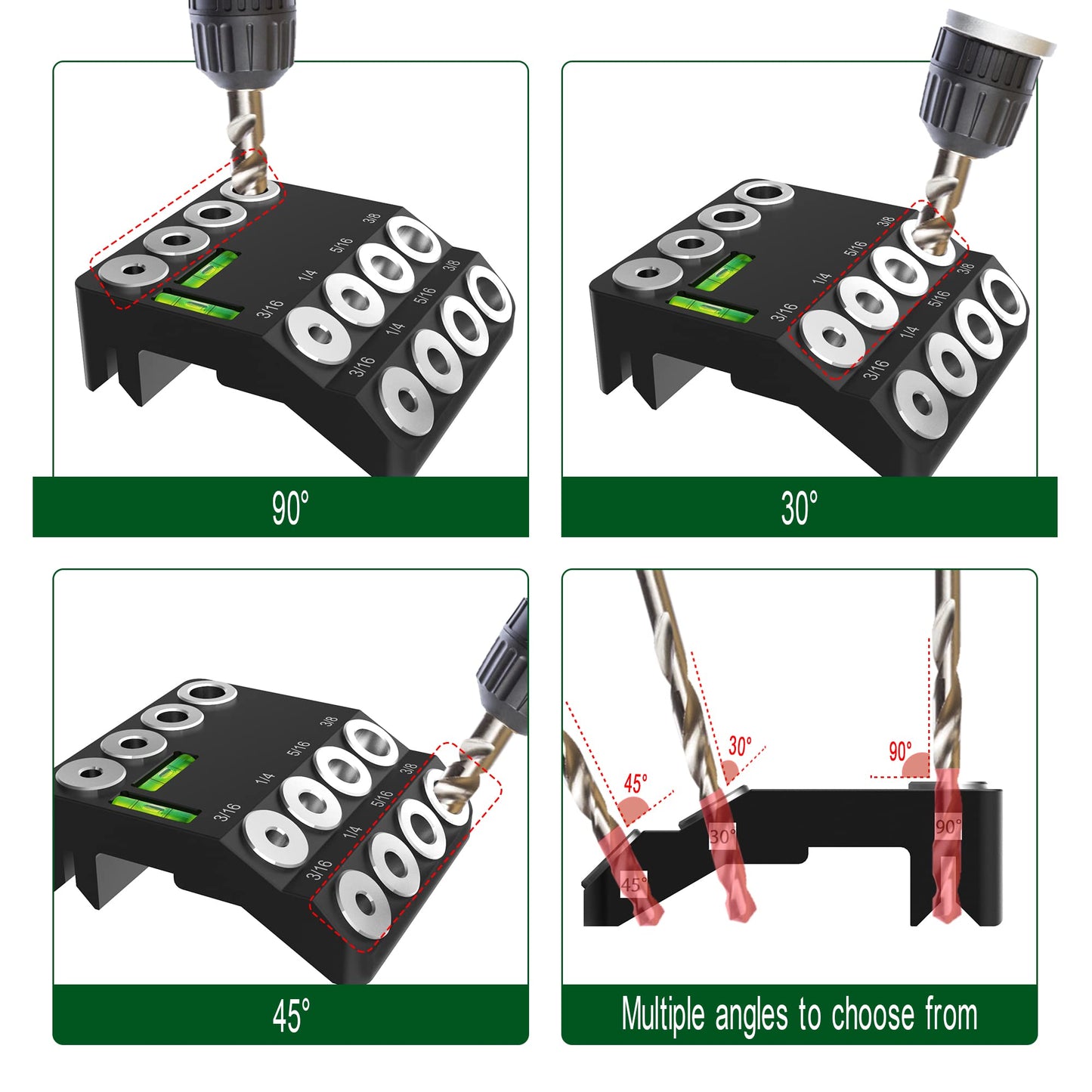 Drill Guide,30 45 90 Angled Drill Guide Jig with 2 Torpedo Level 4 Sizes Drill Hole Guide Jig Use on Flat Surfaces, Round Parts, and Corners Angled Straight Hole - WoodArtSupply