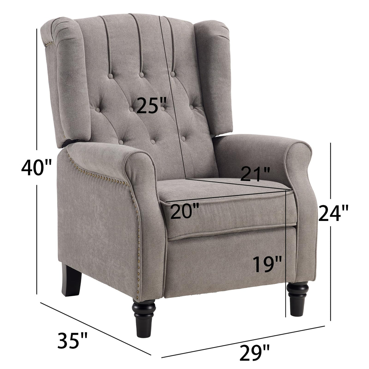 CANMOV Push Back Recliner Chair, Accent Chair,Mid Century Wingback Recliner, Fabric Push Back Recliner Chair Single Armchair Sofa with Rivet Decoration,Button-Tufted Back for Living Room, Grey CANMOV