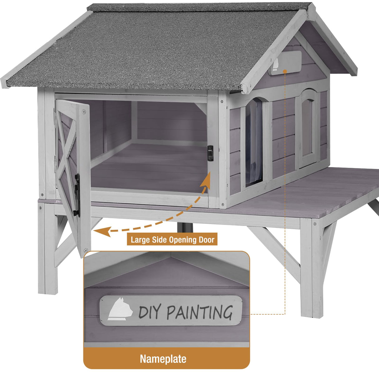 Outdoor Cat House, Shelter for Feral Cats Wooden Kitty Shelter, Weatherproof Cat Enclosure with Large Balcony GUTINNEEN