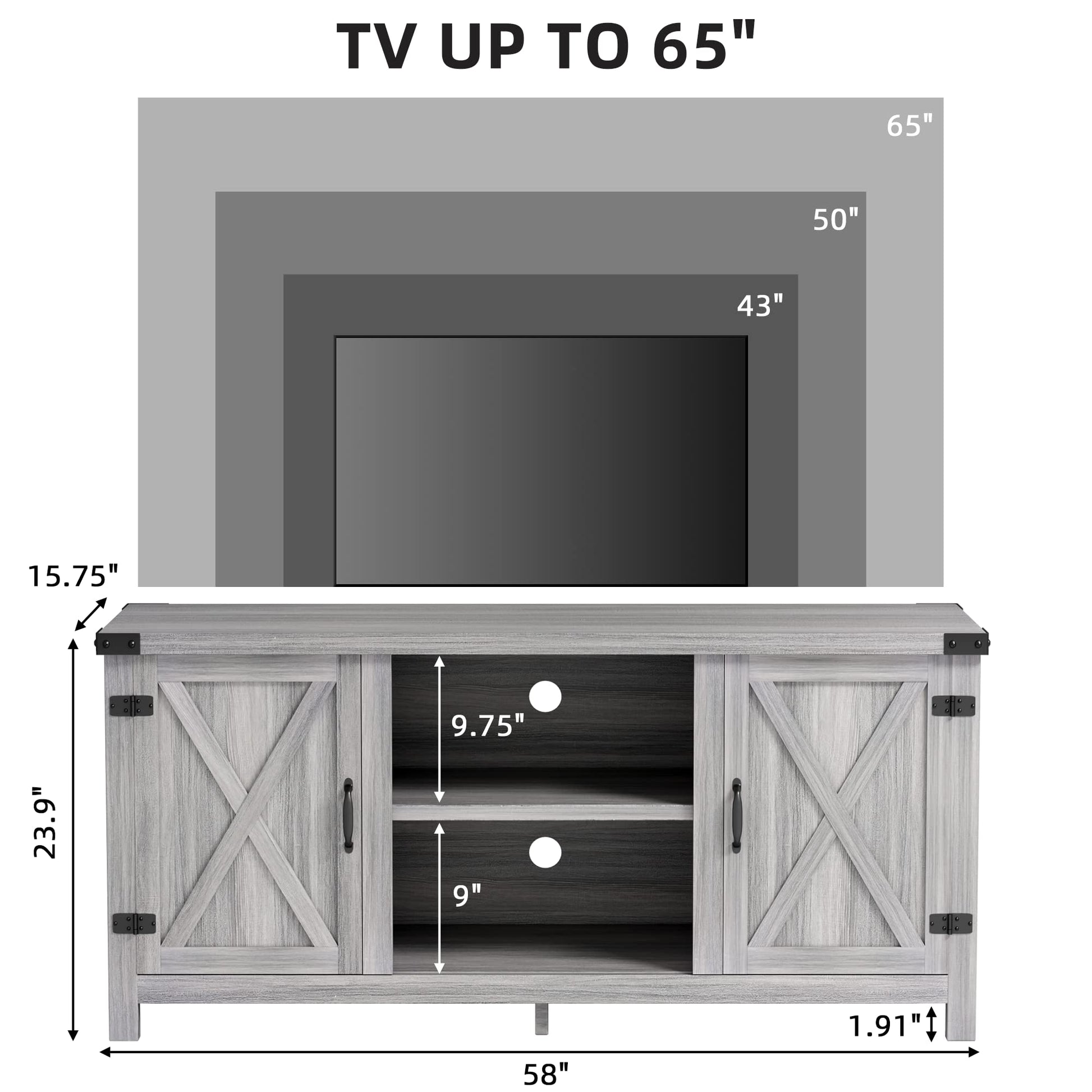 JUMMICO TV Stand for 65 Inch TV Farmhouse Entertainment Center with Double Barn Doors and Storage Cabinets, Console TV Table Media for Living Room, Bedroom (Grey, Without Fireplace) - WoodArtSupply