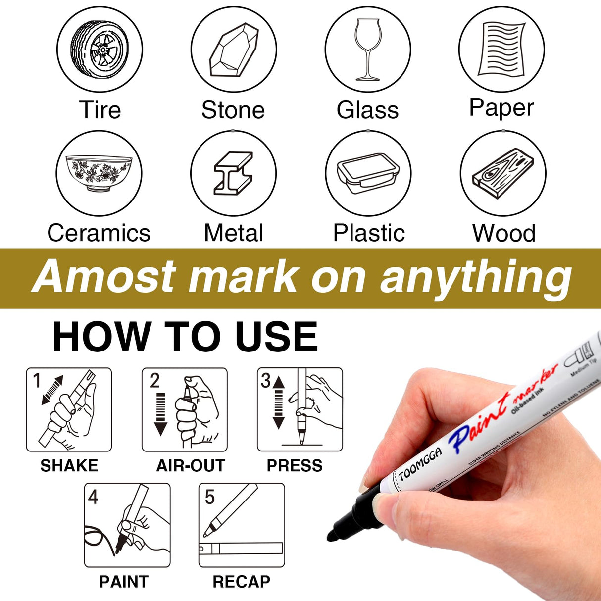 Black Paint Pens Permanent Paint Markers - 6 Pack Oil Based Marking Pens, Medium Point, Quick Drying and Waterproof Paint Pens for Rock Painting Car Tyre Metal, Plastic, Canvas, Wood TOOMGGA