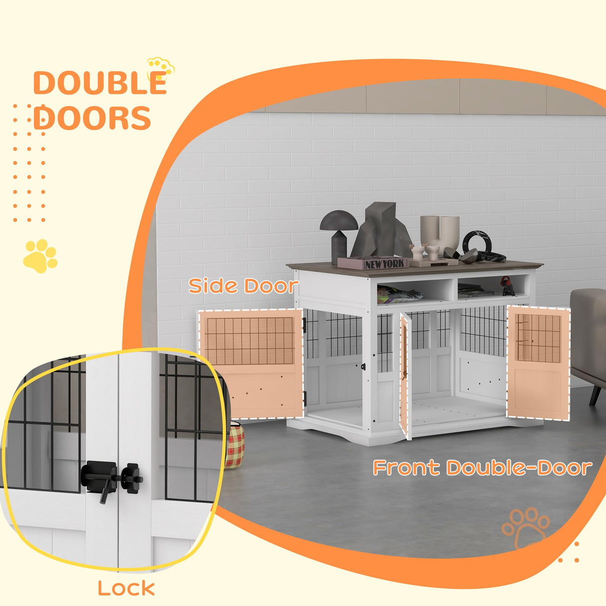 PawHut Dog Crate Furniture Side End Table with Storage, 41" Modern Wooden Dog Kennel Furniture with Double Doors for Small and Medium Dogs, White PawHut