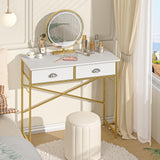 Small Vanity Desk No Mirror for Kids Bedroom, 31.5 Inch Vanity Table with Drawers, Makeup Vanity Desk for Narrow Spaces, White and Gold(No Mirror) ThreeHio