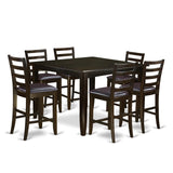 East West Furniture FAIR7-CAP-LC 7 Piece Counter Height Dining Table Set Consist of a Square Wooden Table with Pedestal and 6 Faux Leather Kitchen Dining Chairs, 54x54 Inch, Cappuccino East West Furniture