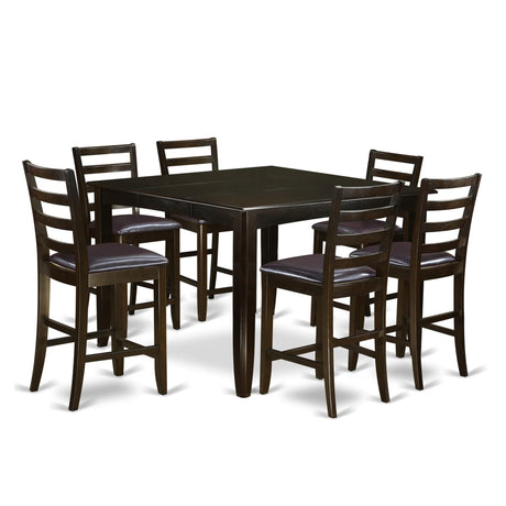 East West Furniture FAIR7-CAP-LC 7 Piece Counter Height Dining Table Set Consist of a Square Wooden Table with Pedestal and 6 Faux Leather Kitchen Dining Chairs, 54x54 Inch, Cappuccino East West Furniture