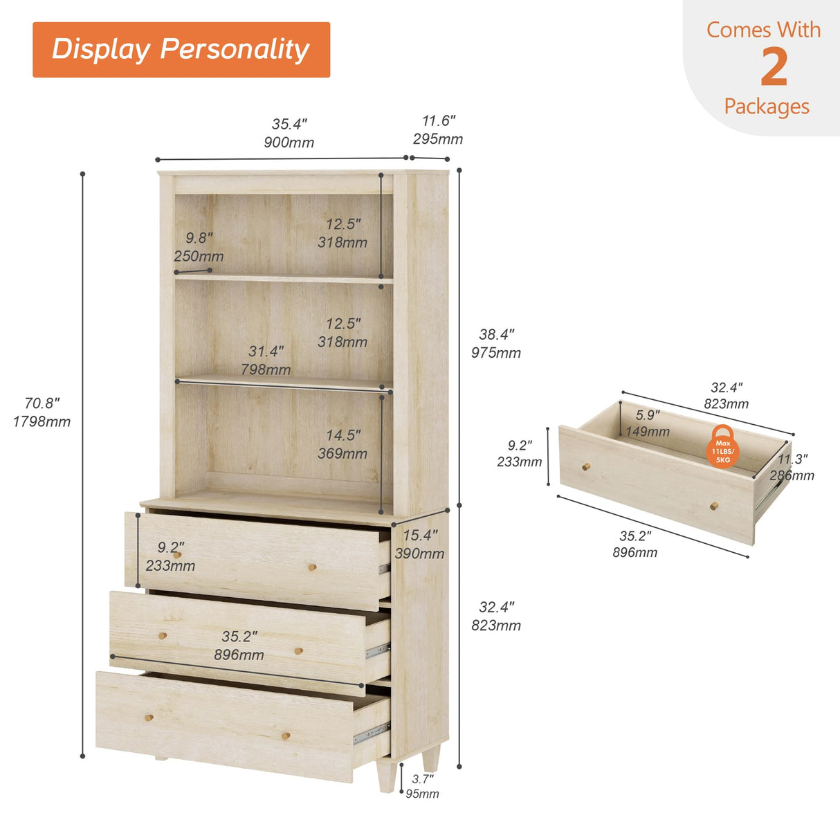 WAMPAT 71" Tall Bookcase with 3 Drawers & Open Shelves, Modern 3-Tier Bookshelf with Adjustable Shelf, Floor Standing Wooden Display Book Shelf for Home Office, Living Room, Bedroom, Light Oak WAMPAT