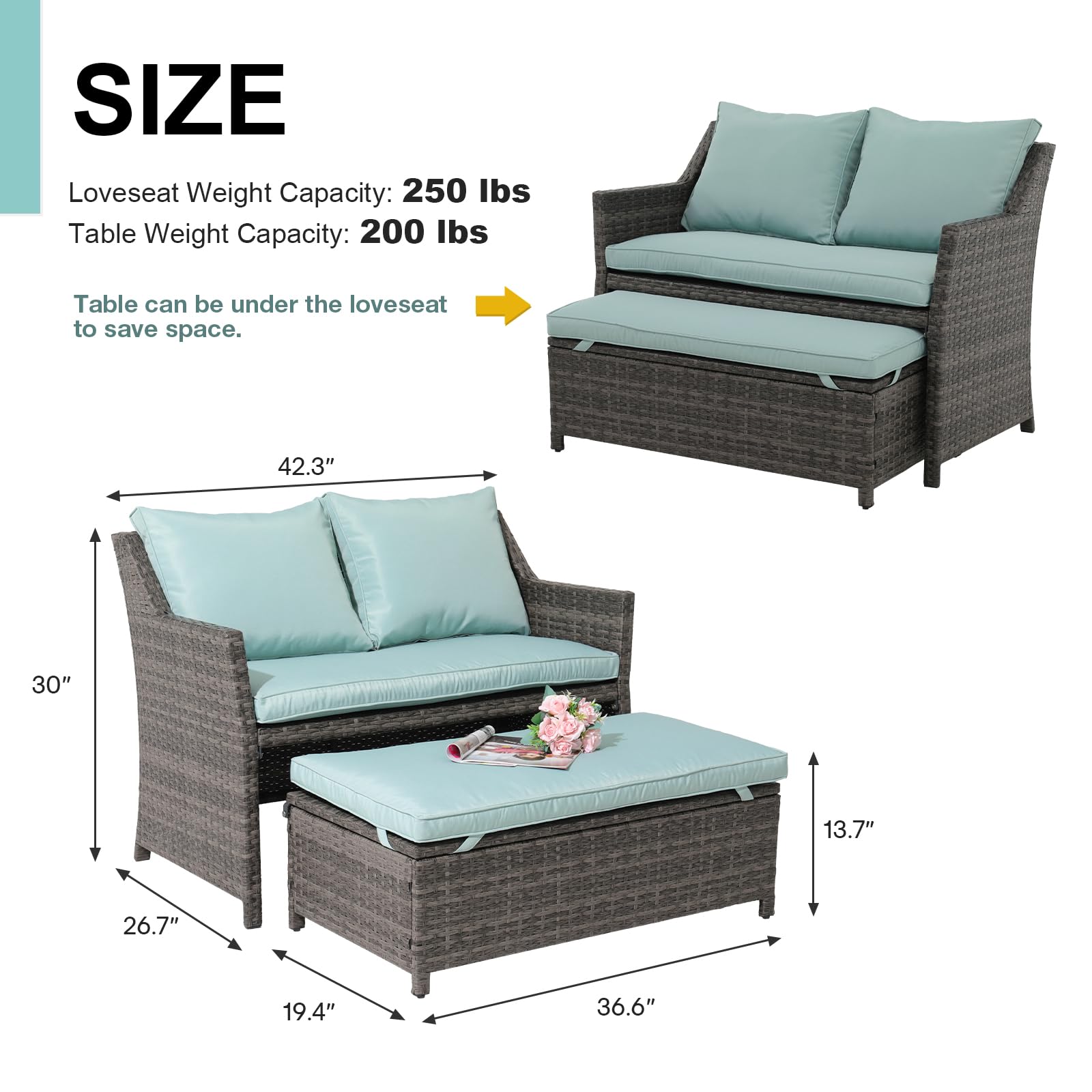 OC Orange-Casual 2-Piece Outdoor Patio Furniture Wicker Love-seat and Coffee Table Set, with Built-in Storage Bin, Grey Rattan, Green Cushions - WoodArtSupply