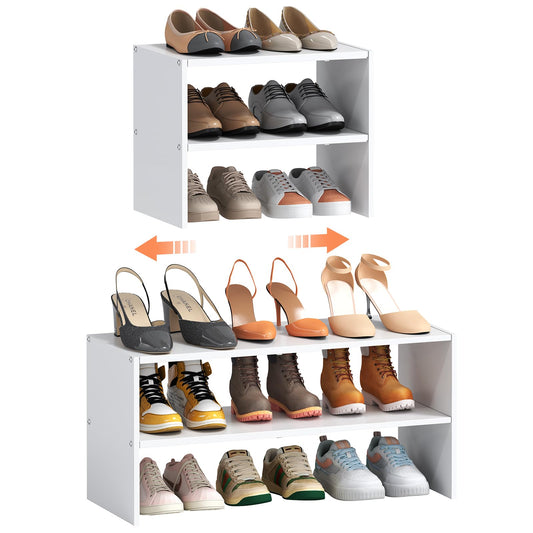 2-Tier Expandable White Shoe Rack Organizer for Closet, Stackable Shoe Rack Storage Shelf, Small Iron Wood Combination Shoe Shelves for Closets,Entryway,Front Door, Narrow Space,Hallway,6-12 Pairs