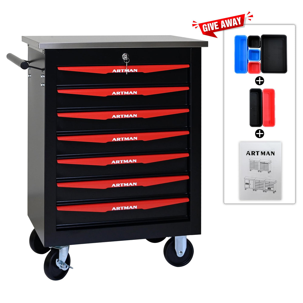 7 Drawers Rolling Tool Chest, Tool Storage Cabinet with Wheels Rolling Tool Cart with 7 Drawers, Rolling Tool Box Organizer, Metal Tool Cart for Garage Workshop Black and Red, Stainless Steel Top CHD
