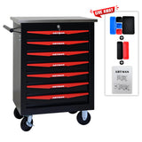 7 Drawers Rolling Tool Chest, Tool Storage Cabinet with Wheels Rolling Tool Cart with 7 Drawers, Rolling Tool Box Organizer, Metal Tool Cart for Garage Workshop Black and Red, Stainless Steel Top CHD