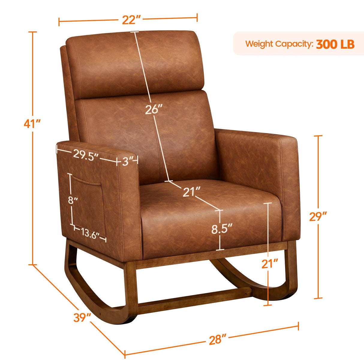 Yaheetech Leather Living Room Chair, Rocking Accent Chair, Modern Nursery Glider Chair with High Back and Side Pocket, Accent Rocker Armchair with Wood Legs for Living Room Bedroom Study, Brown Yaheetech