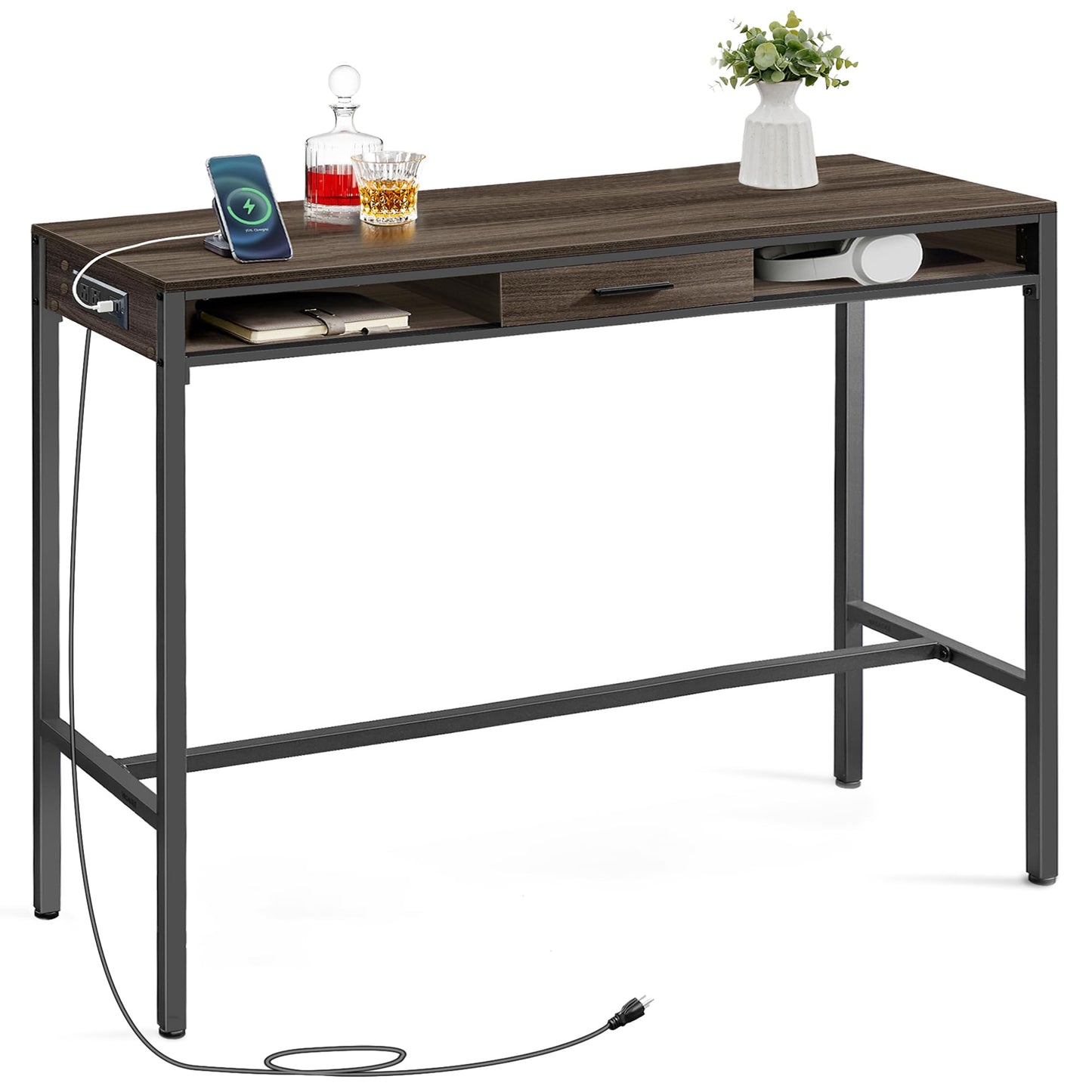 VASAGLE Ash Brown Bar Table with Power Outlet and Movable Drawer, 47.2 Inches High Top Dining Table