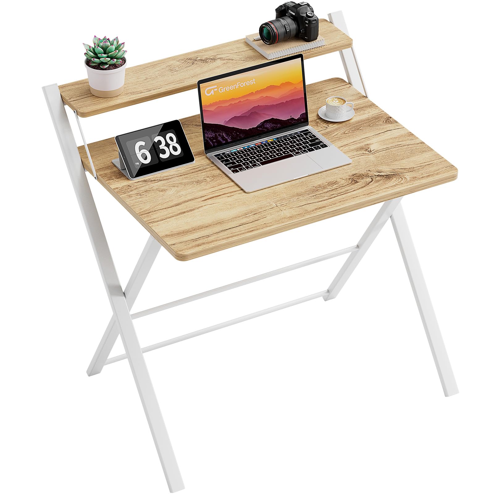 GreenForest Folding Desk No Assembly Required Small Size, 2-Tier Foldable Computer Desk with Shelf for Home Office, Space Saving Portable Laptop Study Foldable Table for Small Spaces, Oak - WoodArtSupply