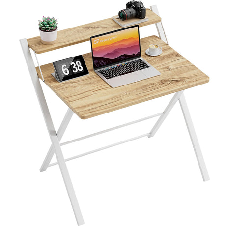 GreenForest Folding Desk No Assembly Required Small Size, 2-Tier Foldable Computer Desk with Shelf for Home Office, Space Saving Portable Laptop Study Foldable Table for Small Spaces, Oak GreenForest