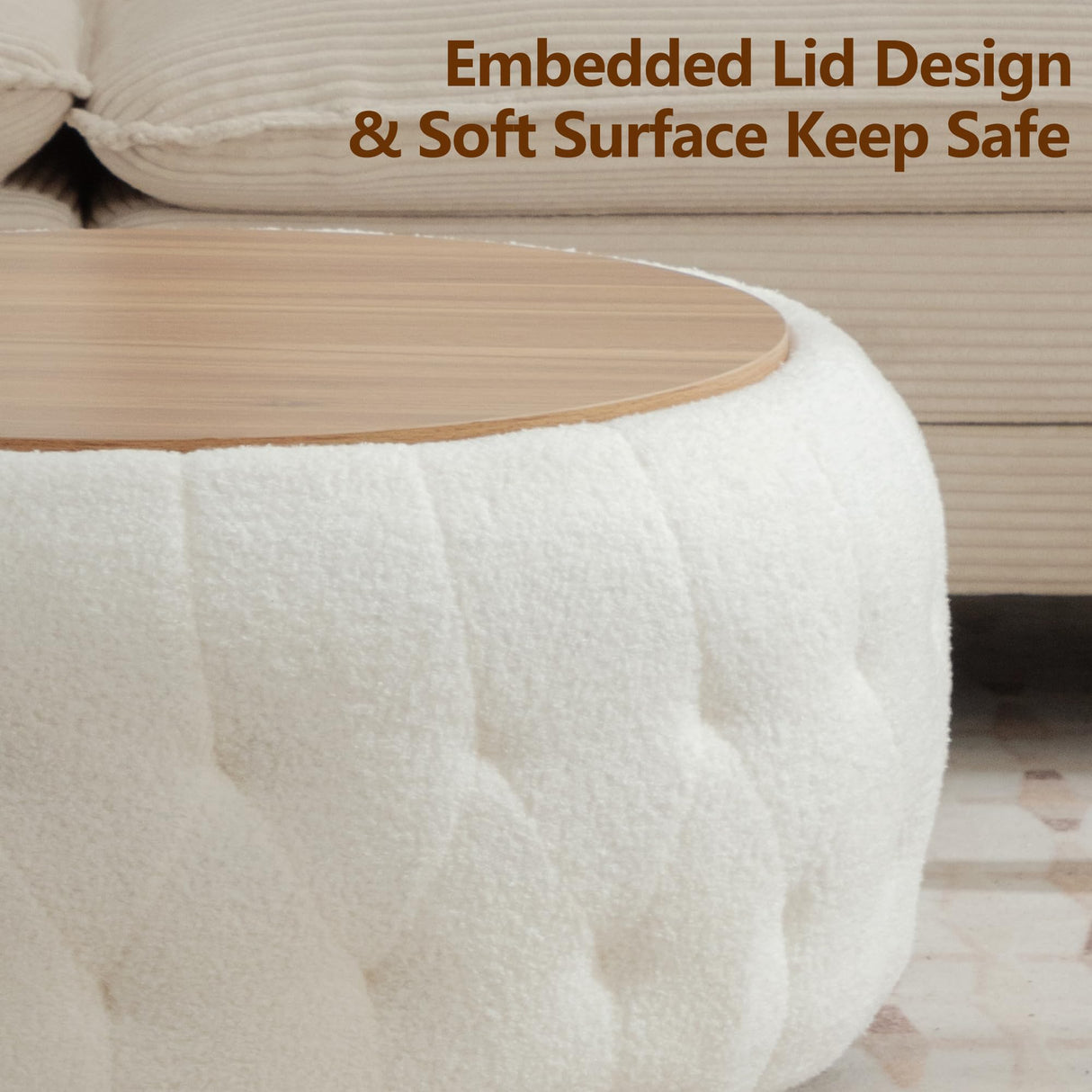 gusohey Large Round Storage Ottoman Coffee Table with Wooden Tabletop, 30.5 Inches Teddy Fleece Tufted Ottoman for Living Room, Bedroom, Apartments, White gusohey