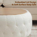 gusohey Large Round Storage Ottoman Coffee Table with Wooden Tabletop, 30.5 Inches Teddy Fleece Tufted Ottoman for Living Room, Bedroom, Apartments, White gusohey