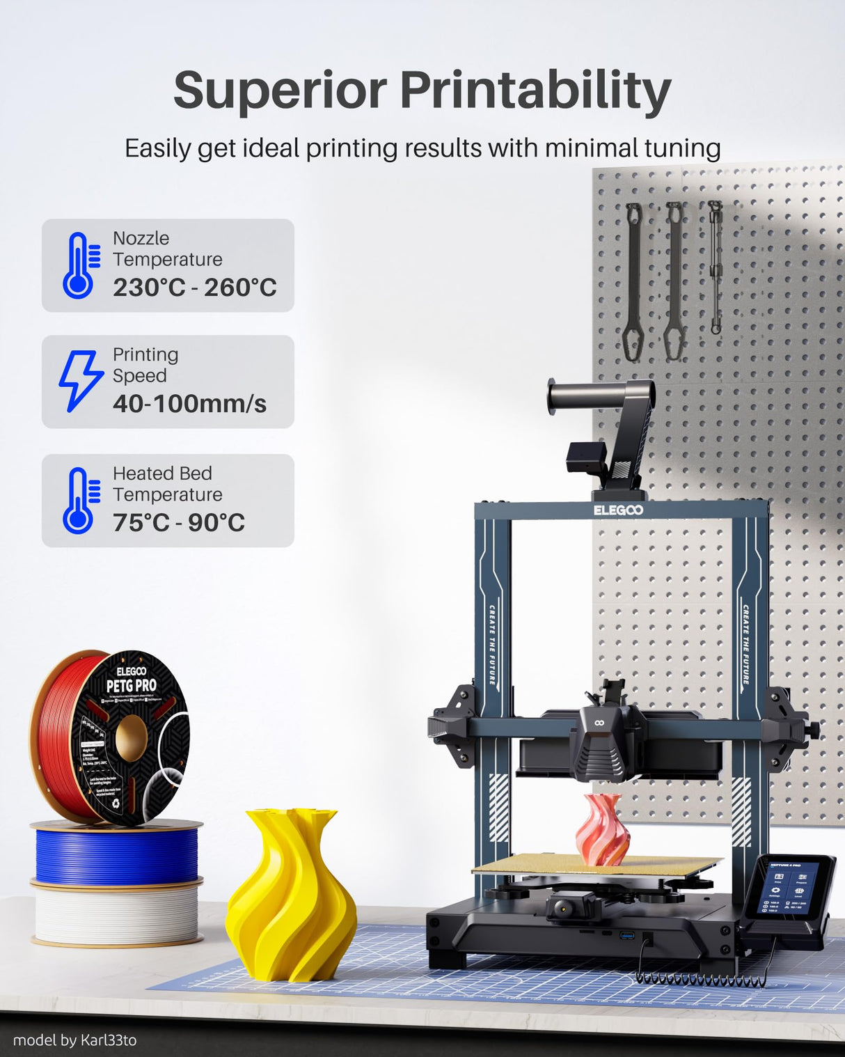 ELEGOO PETG PRO Filament 1.75mm Bundle 4KG, Strong 3D Printer Filament Dimensional Accuracy +/- 0.02 mm, 1kg Cardboard Spool(2.2lbs) for Most FDM 3D Printers(Black, White, Blue, Red) ELEGOO