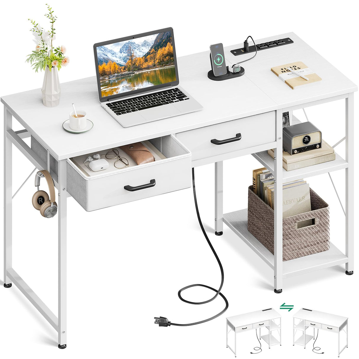 Coleshome Laptop Desk, 40 Inch Small Desk with Drawers & Power Outlet for Bedroom, Computer Desk Home Office Desk with Storage Shelves, Reversible Study Table Vanity Desk for Small Spaces, White Coleshome