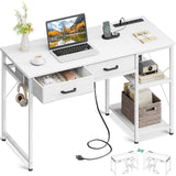 Coleshome Laptop Desk, 40 Inch Small Desk with Drawers & Power Outlet for Bedroom, Computer Desk Home Office Desk with Storage Shelves, Reversible Study Table Vanity Desk for Small Spaces, White Coleshome