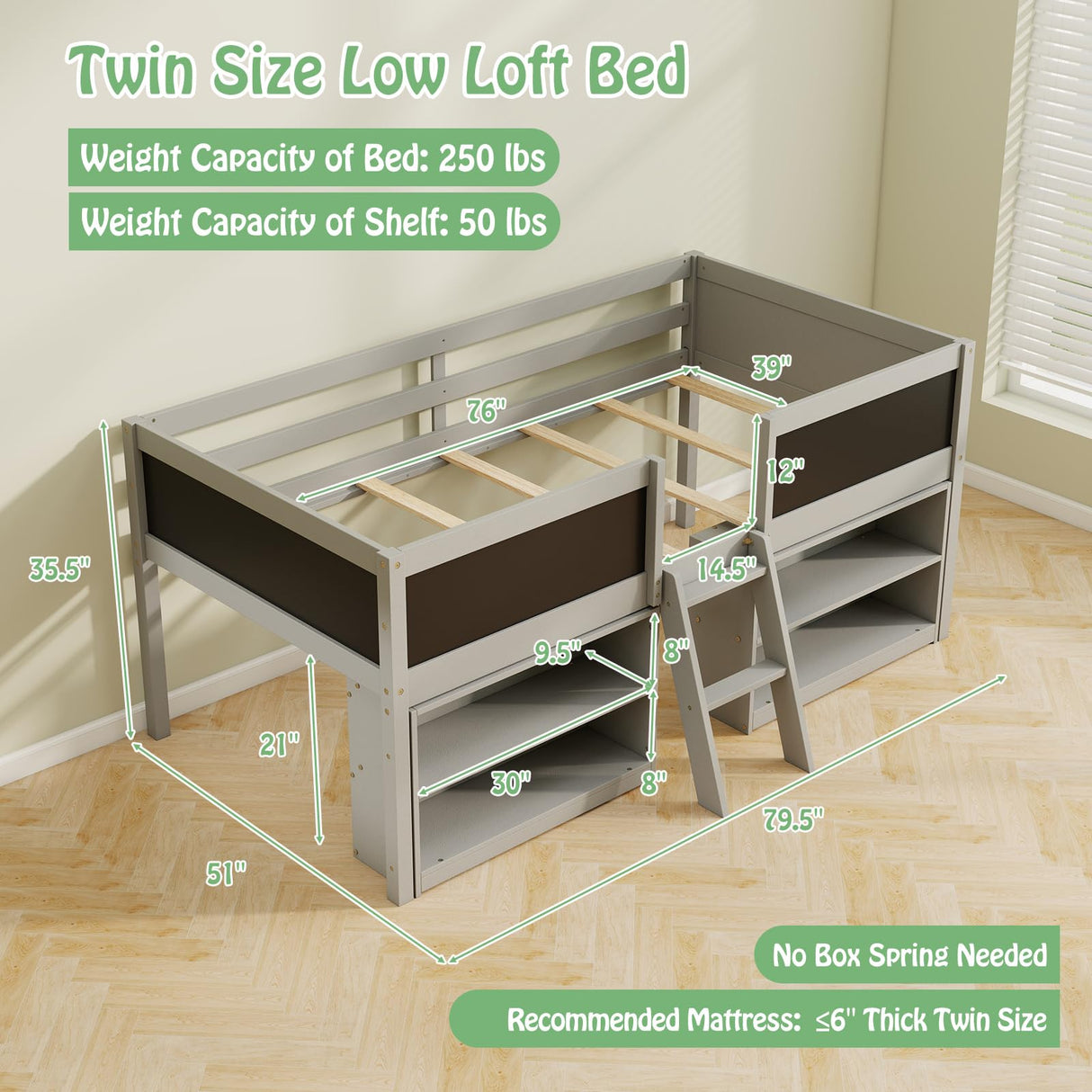 KOMFOTT Twin Size Low Loft Bed, Kids Loft Bed Frame with Movable Storage Shelves, Chalkboard & Ladder, Solid Wood Twin Bed with Under-Bed Play Area for Kids, Boys & Girls, No Box Spring Needed, Grey KOMFOTT