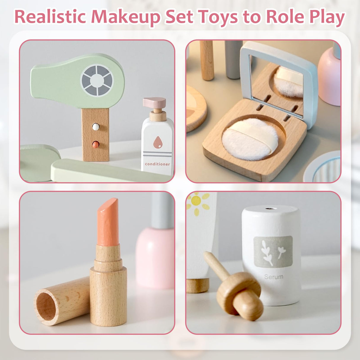 Smartwo Wooden Makeup Toy Set for Toddler Pretend Play 22 PCS Wood Beauty Salon Toys Cute Wooden Makeup Kit with Realistic Accessories Gift for Girls 3 4 5 6 Smartwo