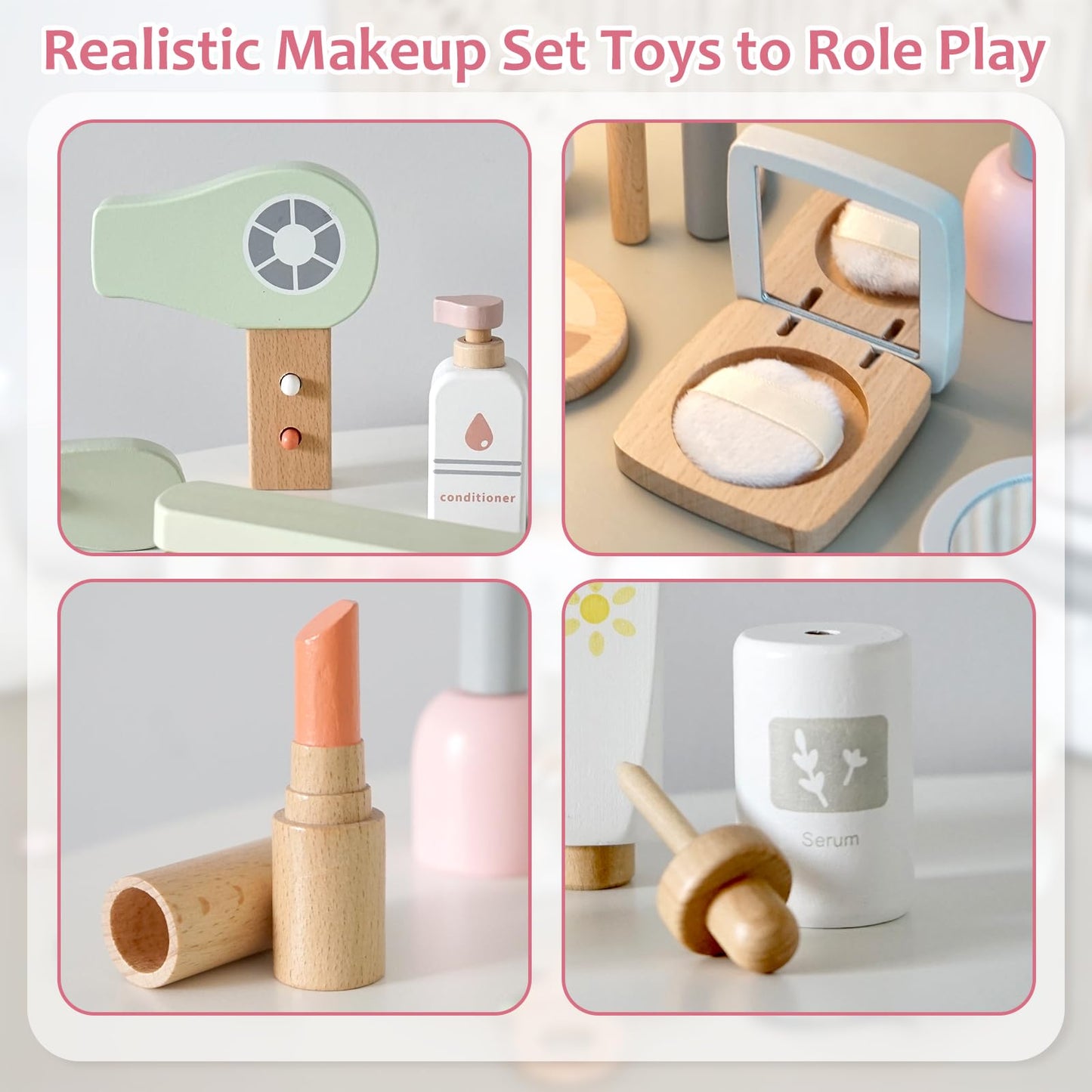 Smartwo Wooden Makeup Toy Set for Toddler Pretend Play 22 PCS Wood Beauty Salon Toys Cute Wooden Makeup Kit with Realistic Accessories Gift for Girls 3 4 5 6 - WoodArtSupply