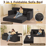 Convertible Sofa Bed, 3 in 1 Loveseat Folding Couch Bed Foldable - Chaise Lounge Chair & Floor Futon Sleeper, Corduroy Pull Out Sofa Bed with 4 Pillows for Living Room, Black cidludto