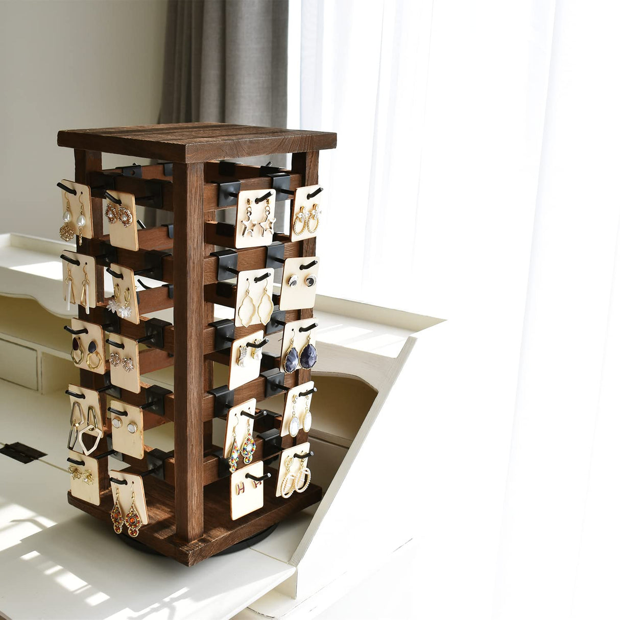 Ikee Design 5 Tiers Easy Assemble Wood Rotating Jewelry Display Tower with 42 Removable Hooks,Spinning Earring Card Storage Display Stand for Store, Showcase, Tradeshow and Home,Brown Color Ikee Design