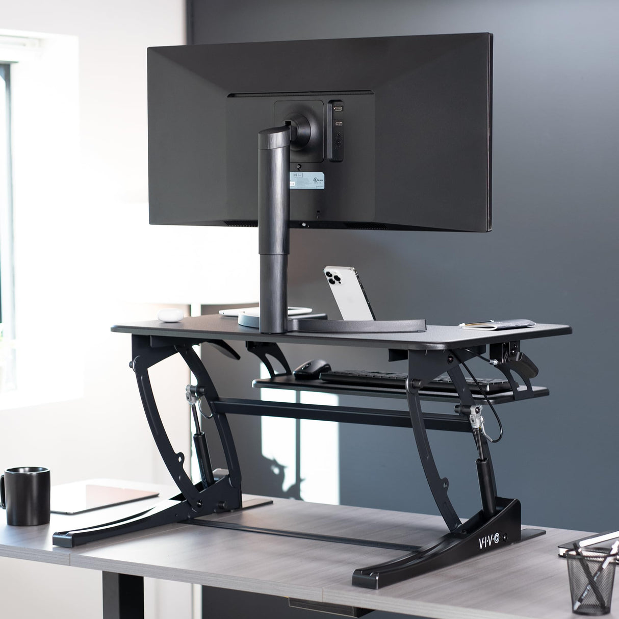 VIVO 32 inch Height Adjustable Stand Up Desk Converter, V Series, Quick Sit to Stand Tabletop Dual Monitor Riser Workstation, Black, DESK-V000VS VIVO
