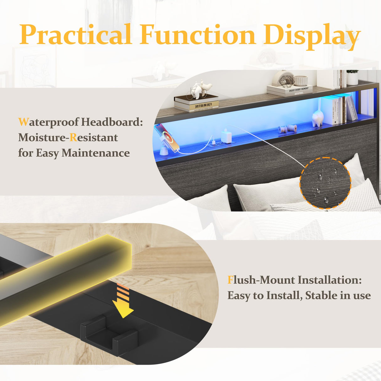 Lifezone King Bed Frame with 2-Tier Storage Headboard, Metal Platform Bed Frame with 4 Storage Drawers, Built in Charging Station & LED, Noise-Free/Metal Support/No Box Spring Needed, Rustic Grey Lifezone