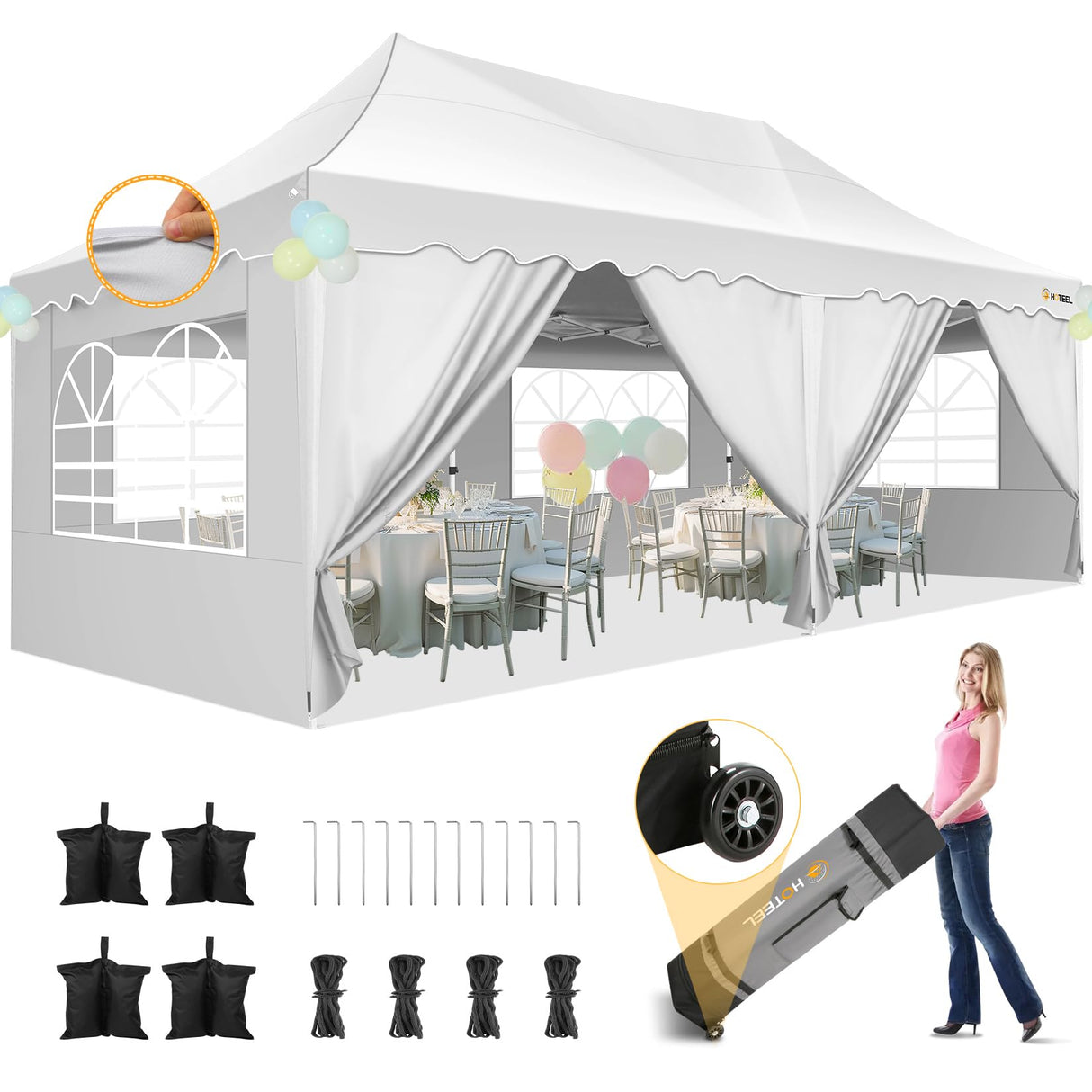 HOTEEL 10×20 Pop Up Canopy with 6 Sidewalls, UV 50+ and Waterproof Canopy Tent, Thickened Frame, Large Space Easy Pop Up Canopy, Outdoor Canopy for Weddings, Beaches, Parties, Patio (White) Hoteel