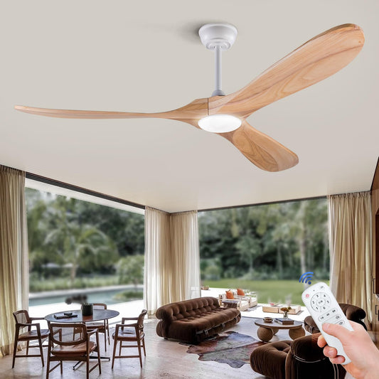 BOJUE 60 Inch Solid Wood Ceiling Fan with Lights Indoor Outdoor Raw Wood Ceiling Fans 3 Wooden Blades Remote Control with Light Modern Ceiling Fan for Porch Living Room Bedroom