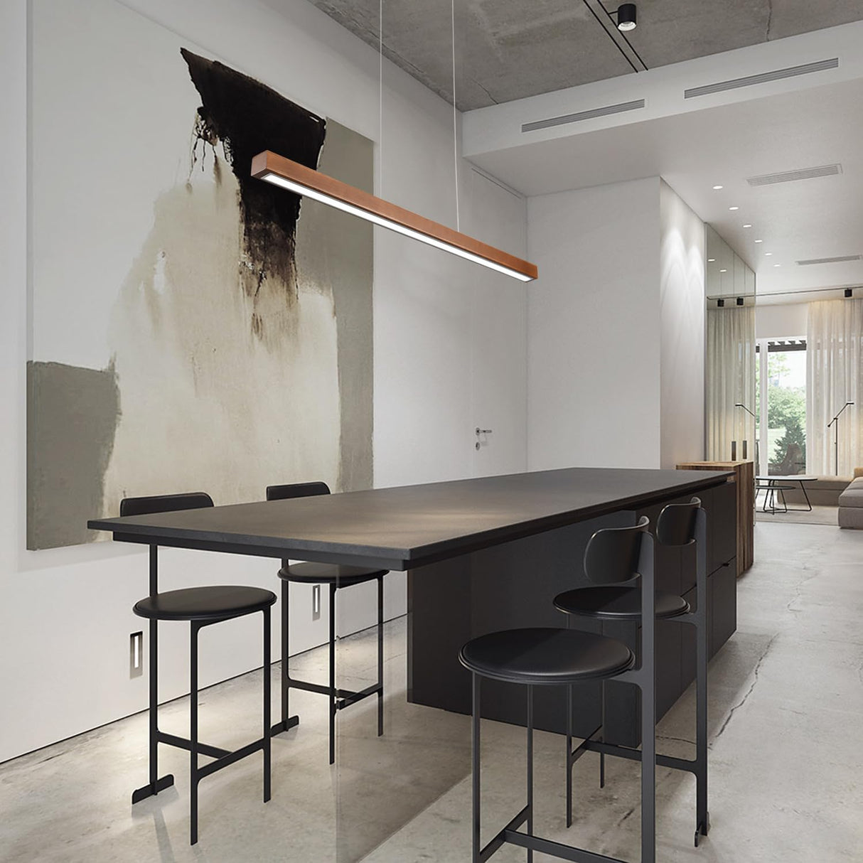 YISDESIGN 39" Wood Linear Pendant Light Modern LED Dimmable Ceiling Hanging Light Fixture Wood Linear Chandeliers 24w for Dining Room Kitchen Island Pool Table Bar Walnut Color (with Remote Control) YISDESIGN