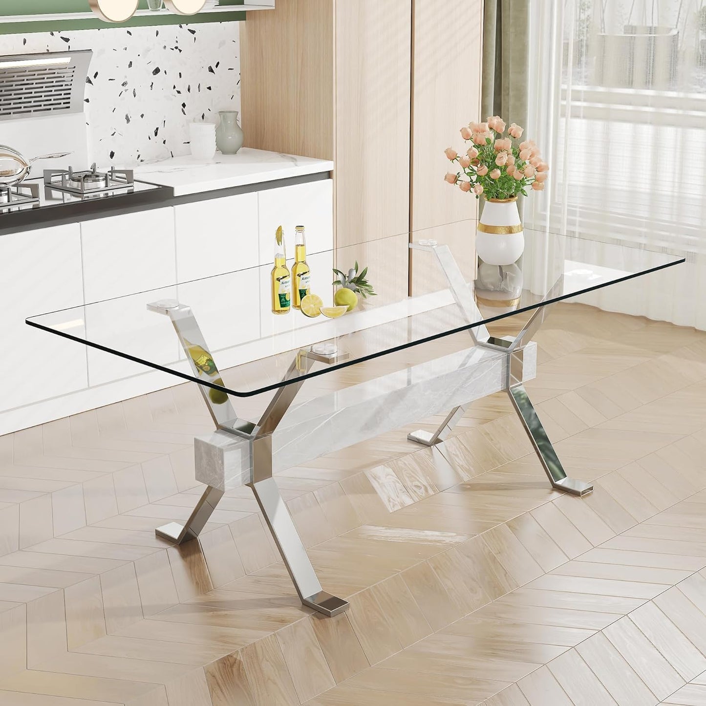 Glass Dining Table for 8-10 Person, 79 inch Modern Dining Room Table with Silver Metal XX-Base, Rectangular Tempered Glass Top Dining Table, Large Dining Table Pedestal Luxury Table for Dinin - WoodArtSupply