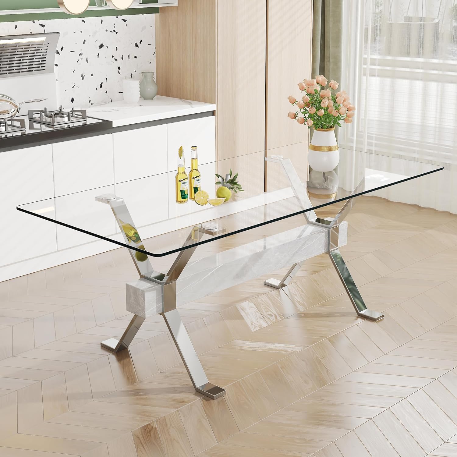 Glass Dining Table for 8-10 Person, 79 inch Modern Dining Room Table with Silver Metal XX-Base, Rectangular Tempered Glass Top Dining Table, Large Dining Table Pedestal Luxury Table for Dinin - WoodArtSupply