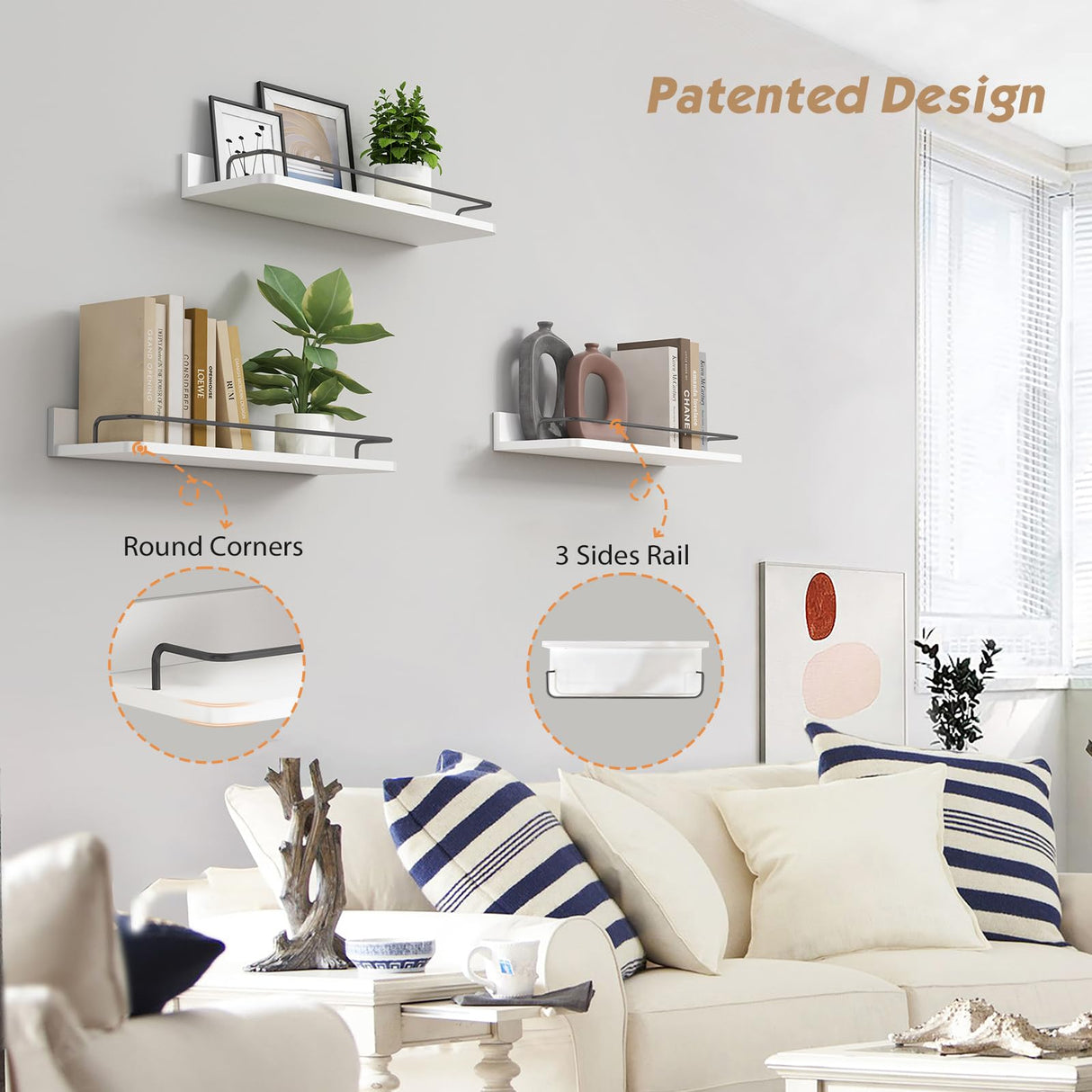 Forbena White Floating Shelves Bathroom Shelves Over Toilet Set of 3, Bathroom Organizers and Storage Shelves Wall Mounted, Modern Wood Corner Wall Shelf for Bedroom Closet -White and Dark Grey Forbena
