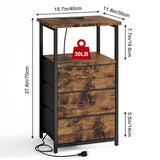 Fixwal Night Stand with 3 Fabric Drawers, Nightstand for Bedroom, Bedside Table with Charging Station End Table with Storage, Rustic Brown Fixwal