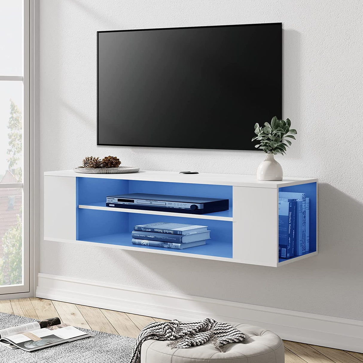 WAMPAT White Floating TV Stand with Blue LED Lights, Floating Entertainment Center Wall Mounted, Floating TV Media Console with Storage Under TV for Living Room,White,39 Inch WAMPAT