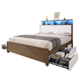 AMERLIFE Queen Size Bed Frame with 49.2" Tall Bookcase Headboard and LED Light, Rustic Platform Bed with Charging Station and 4 Storage Drawers, No Box Spring Needed, Rustic Brown AMERLIFE