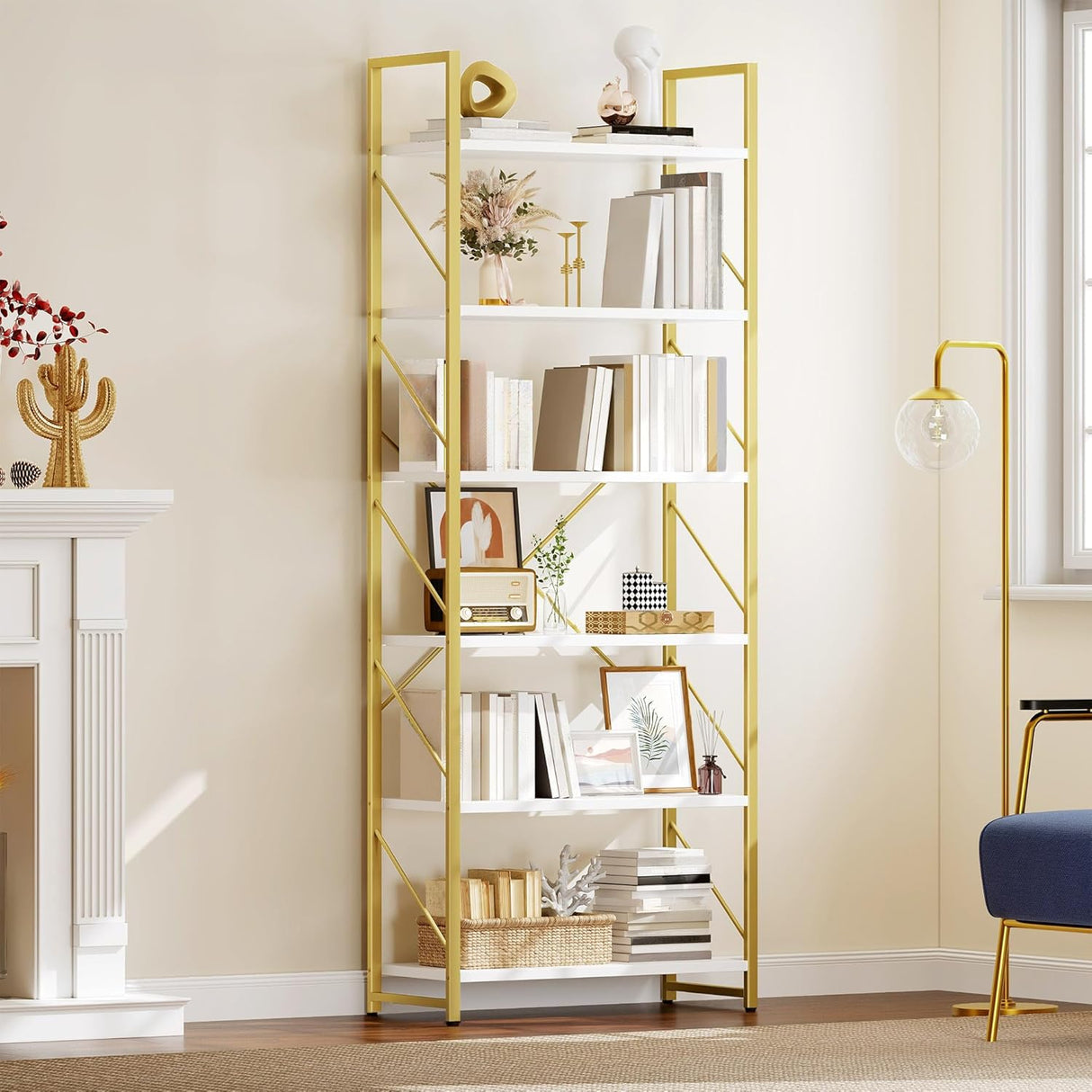 YITAHOME Tall Bookshelf 6 Tier Bookcase, Modern Gold Book Shelf, Open Display Storage Rack Shelves for Living Room/Bedroom/Home/Office/Kitchen, Holder Organizer for Books/Movies, White & Gold YITAHOME
